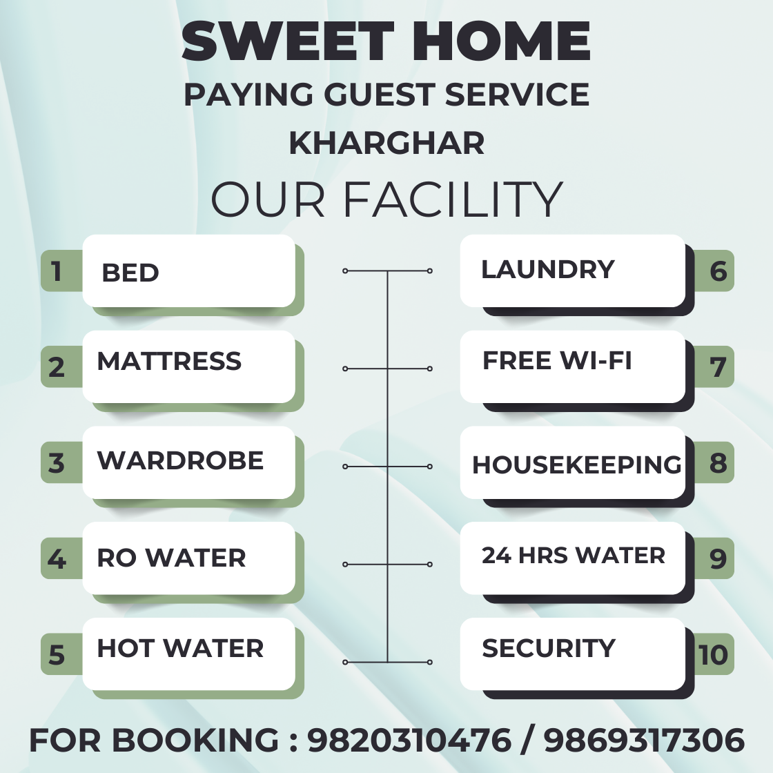 Sweet Home Paying Guest Service Kharghar facilities list: Bed, Mattress, Wardrobe, RO Water, Hot Water, Laundry, Free Wi-Fi, Housekeeping, 24 Hrs Water, and Security.